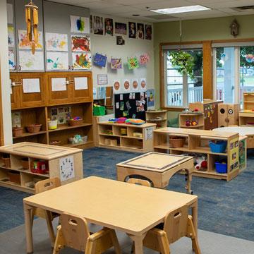 Toddler Classroom, showing the different learning areas including dramatic play, blocks, and sensory table. 